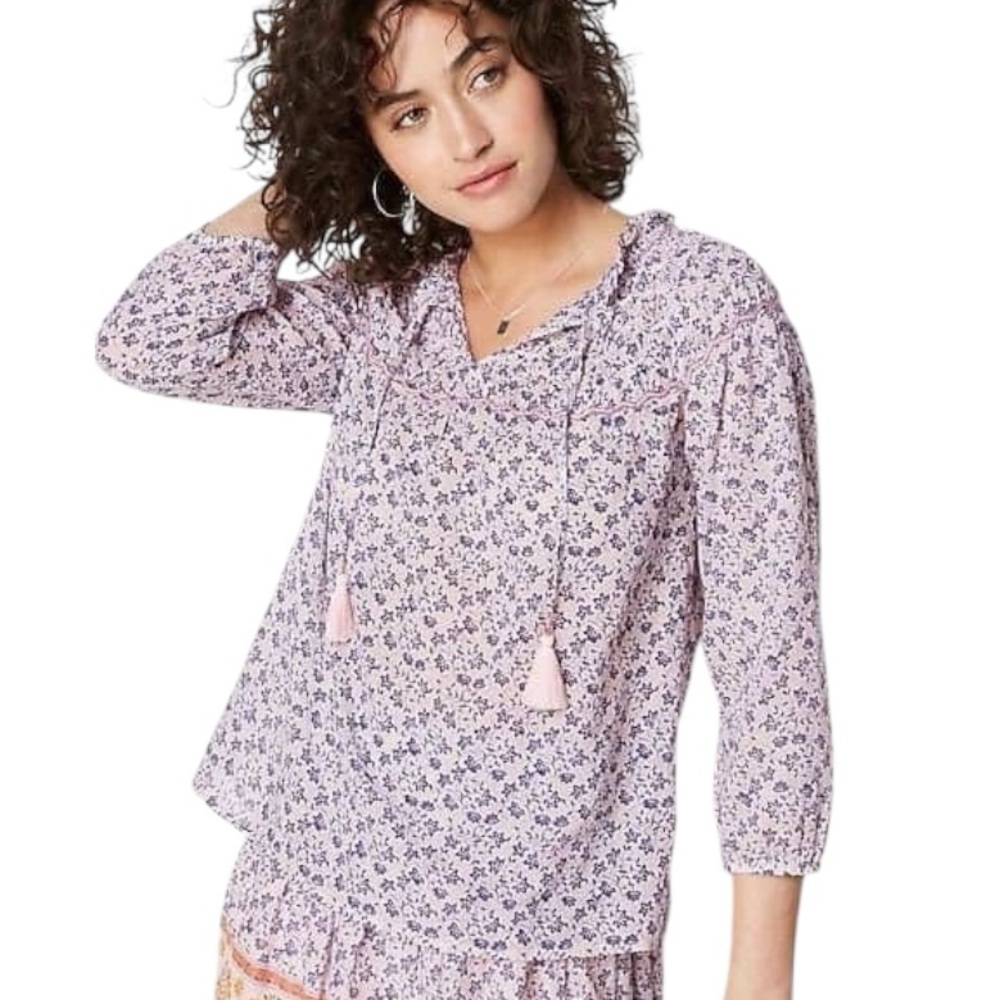 J. Jill Corfu Rosewater Pink Embroidered Floral Smocked Tie Neck Blouse - S